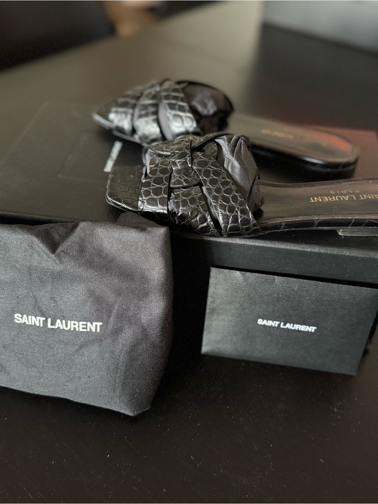 Saint Laurent Shoes - Saint Laurent Black Croc-Embossed Tribute Slide Sandals